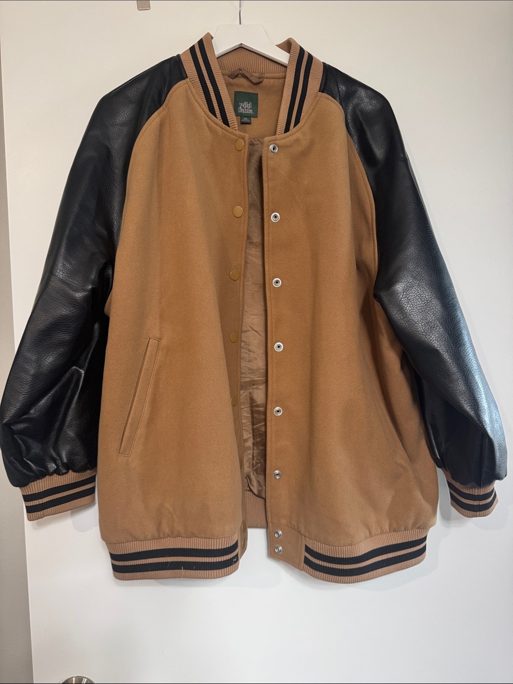 wild fable Tan Wool Body Varsity Jacket with Black Leather Sleeves